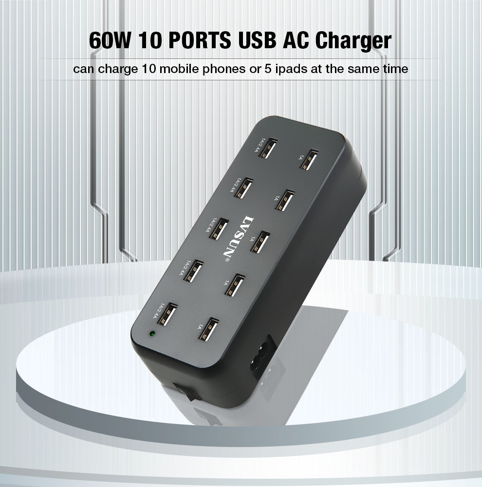 LVSUN 60W 10 PORTS USB AC Charger