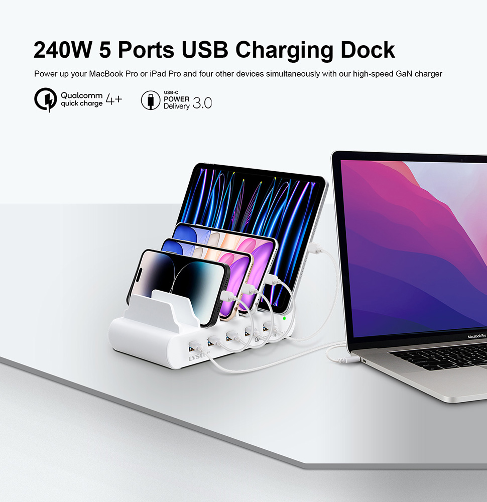 LVSUN 240W 5-port USB-C or USB-A GaN Charging Dock
