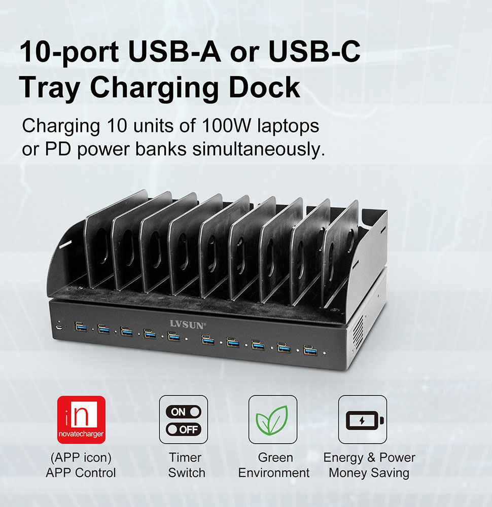 LVSUN 1000W 10-port USB-A or USB-C Tray Charging Dock